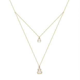 双葫纳福 淡水珍珠 葫芦双层项链 7-8mm 14K注金 福禄双收