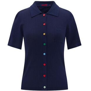 Navigare意大利小帆船蓝色短袖针织开衫女夏季修身显瘦翻领上衣