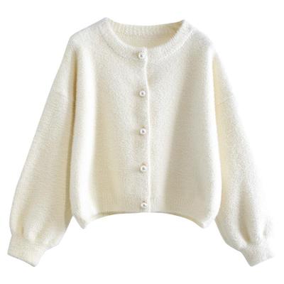 慵懒风奶白仿水貂绒毛衣开衫女软糯毛绒绒针织衫外套秋冬圆领上衣