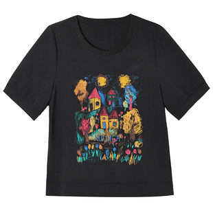 九月陌墨休闲圆领印花短袖T恤女2026年夏季新款百搭减龄大码上衣