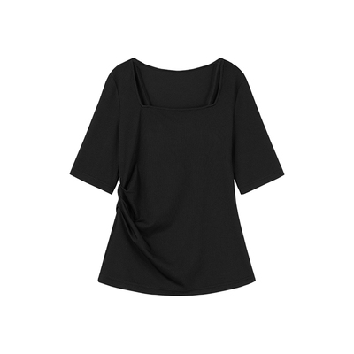 方领正肩t恤衫修身弹力显瘦短袖