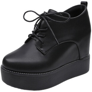 内增高系带单鞋女春秋新款爆款超高跟厚底皮鞋松糕时尚坡跟乐福鞋