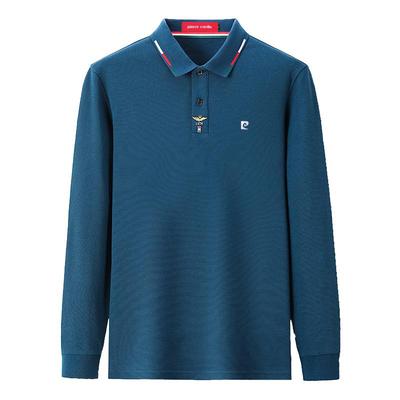 皮尔卡丹秋冬季名牌男士纯棉长袖t恤中年翻领加绒加厚商务polo衫