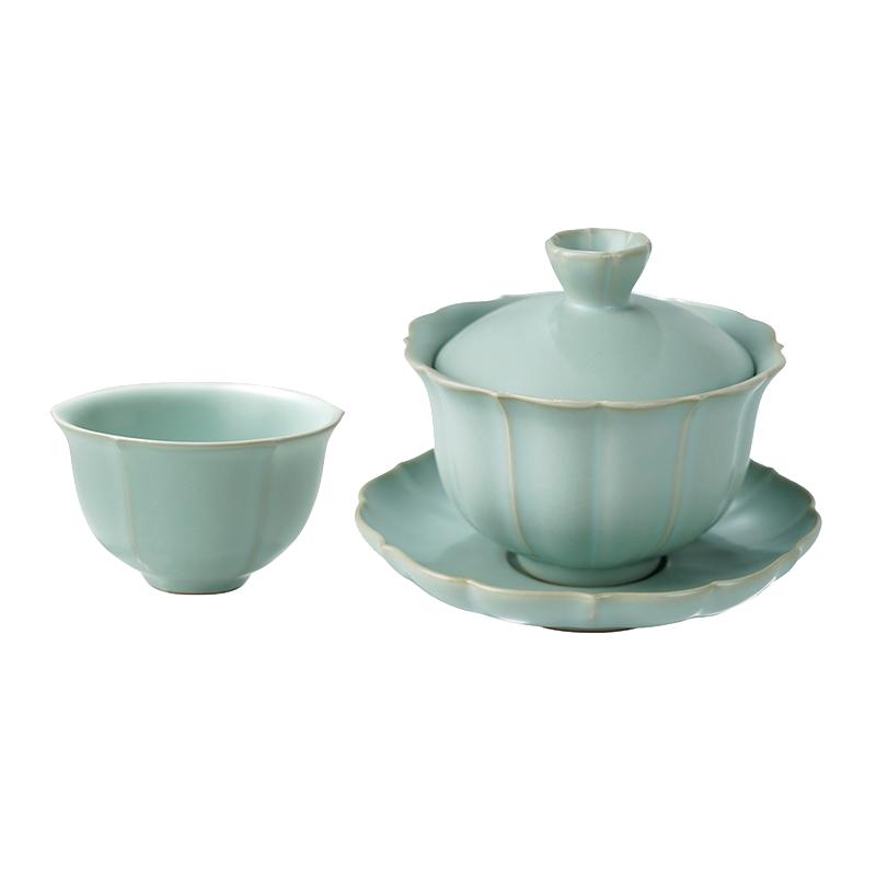 青澹汝窑盖碗套装家用小号泡茶碗