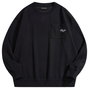 太平鸟男装 秋季黑色胸前口袋卫衣男纯色圆领肌理感套头上衣潮