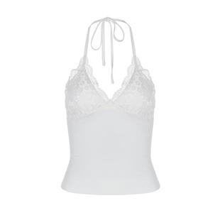 shemoda欧美ins风V领蕾丝拼接系绳挂脖吊带背心女 性感露背短上衣