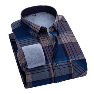 冬季新款男士长袖加绒保暖格子中老年条纹衬衫休闲衬衣爸爸加厚外