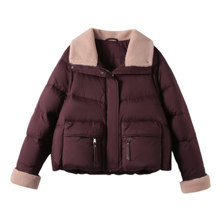 羊羔毛拼接羽绒服女短款2025冬季新款宽松加厚保暖气质白鸭绒外套