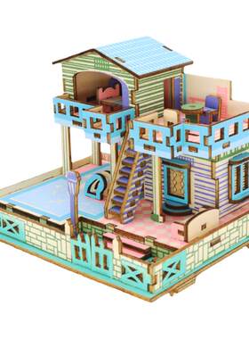 木质3D拼装建筑模型益智积木