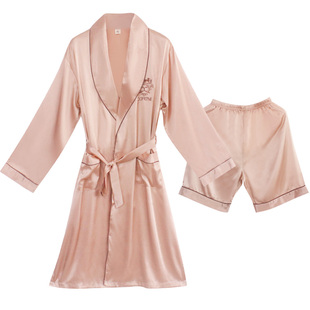 夏季夏天丝绸真丝男士男装外袍睡袍春秋薄款冰丝浴袍短裤睡衣套装