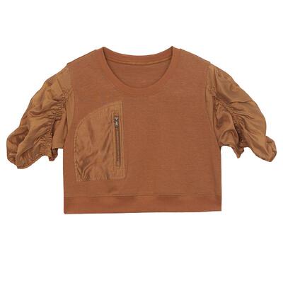 谜底拼接式短款T恤女年夏款时尚百搭泡泡袖上衣短袖242MT0567