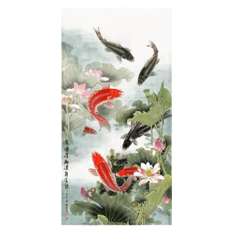 现代中式工笔荷花鲤鱼图九鲤图竖版中堂玄关挂画国画水墨山水画心