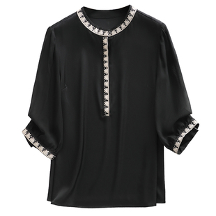 重磅真丝绸缎t恤女2025夏新款短袖温柔重工刺绣花纯色桑蚕丝上衣