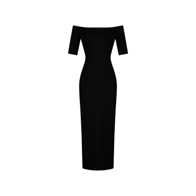 XULU原创赫本风黑色弹力罗马布一字肩性感包臀后开叉高级连衣裙