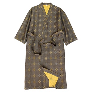 加长男士纯棉浴袍提花双层棉纱家居袍大码长袍晨袍九分袖薄款复古