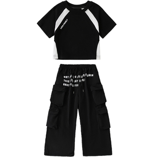 女童爵士舞服装露脐短款上衣辣妹机车风日常练功服少儿jazz演出服
