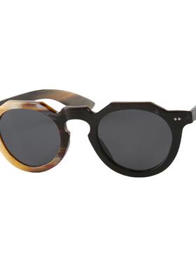 法式经典品牌复古铆钉饰圆形多色真牛角大框太阳眼镜偏光墨镜