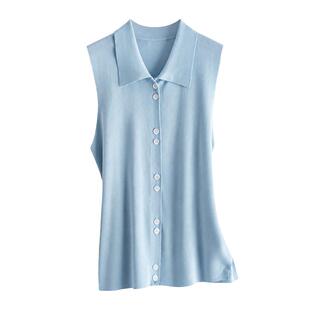 Basic House/百家好莱赛尔桑蚕丝针织上衣夏季无袖翻领T恤女开衫