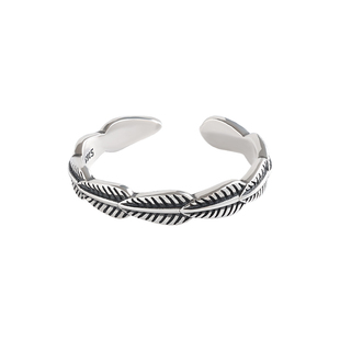 叶。戒指女时尚个性复古S925纯银树叶戒指小众设计指环开口戒可调