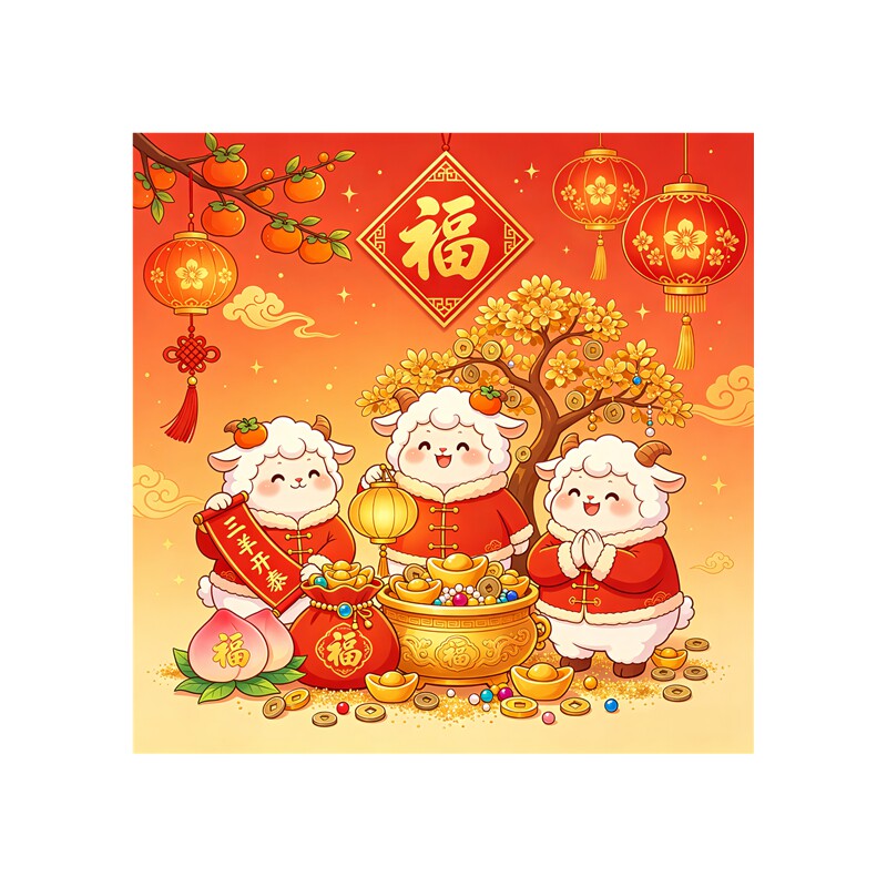 三羊开泰福字墙贴贴画萌羊柿子元宝摇钱树满满年味新春装饰贴纸画
