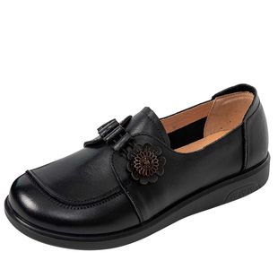 木林森女鞋中老年妈妈鞋女真皮平底浅口单鞋一脚蹬乐福鞋舒适皮鞋