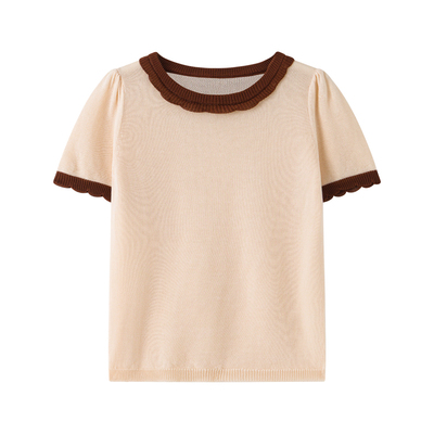 Little Naive女童莱赛尔针织短袖夏季撞色上衣儿童花边凉感T恤