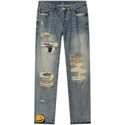 undefined怀旧刺绣破洞牛仔裤