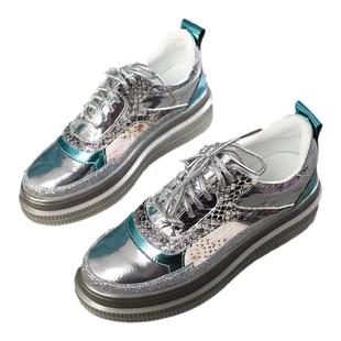 欧洲站2024春季新款系带松糕厚底鞋女拼色百搭洋气休闲单鞋增高女