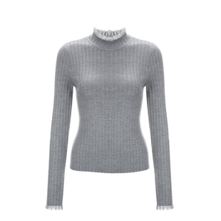 ENOYA新款纯色针织衫木耳边玻璃纱拼接毛衫内搭修身针织打底衫