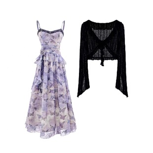 大码胖mm纯欲不规则紫色蝴蝶碎花吊带连衣裙开衫女春夏显瘦两件套