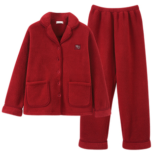 芬腾可安红色珊瑚绒睡衣女士秋冬季加厚加绒本命年保暖家居服套装
