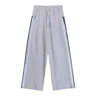 BTSG*美式复古条纹拼接牛仔运动卫裤嘻哈街头宽松阔腿拖地休闲裤