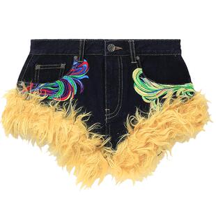 IT Area Nyc女装刺绣牛仔短裤时尚辣妹毛绒拼接合身热裤P21163XJ