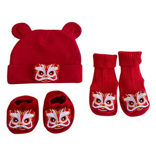 婴儿帽子袜子组合秋冬季过年新年满月百天宝宝红色胎帽新生儿男宝