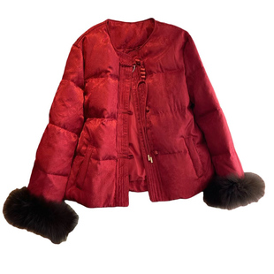 新年红国风羽绒服女2025新款新中式盘扣狐狸毛面包服冬季短款外套