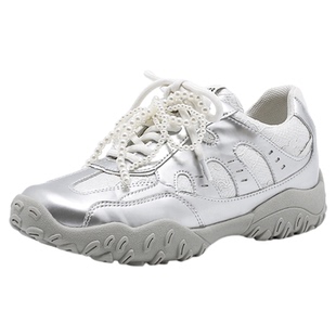 珍珠德训鞋女芭蕾风真皮小白鞋内增高透气运动休闲鞋42大码41-43