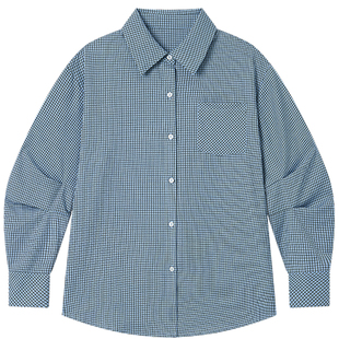 Halo Luu蓝色格子衬衫女春季韩系上衣大版宽松慵懒风外套长袖衬衣