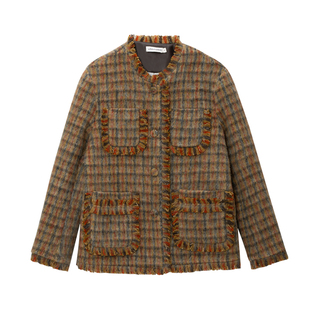 whiteiswhite 格纹短款毛呢外套女冬季新款单排扣羊毛马海毛大衣