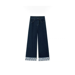 美式格子拼接牛仔裤女秋冬新款胖妹妹mm高腰宽松显瘦直筒阔腿长裤