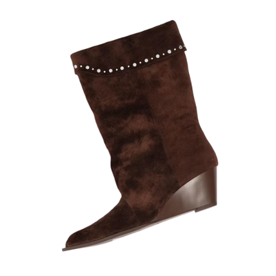 羊皮~褶皱显瘦中筒西部牛仔靴女