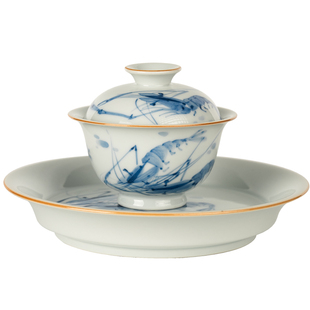 圣山景德镇仿古青花手绘写意国画风手绘虾趣陶瓷盖碗茶具套组茶杯