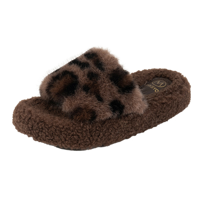 2025儿童豹纹拖鞋冬季新款女童外穿防滑棉拖小学生室内厚底毛毛鞋