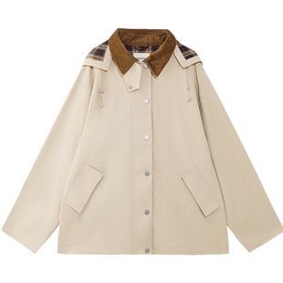 美特斯邦威夹克女春新款灯芯绒翻领连帽中长款复古美式外套　