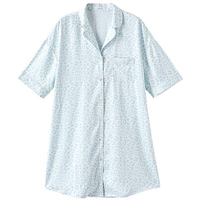 HSIA遐睡裙女士夏季豹纹印花落肩宽松舒适睡衣领短袖衬衫裙家居裙