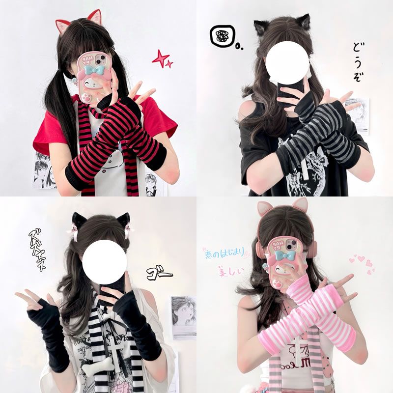 日系原宿cospla动漫条纹露指长腕套手套ins辣妹百搭防晒袖套情侣