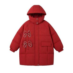 鸭鸭新年红中长款儿童羽绒服2025冬季新款时尚喜庆保暖鸭绒外套潮