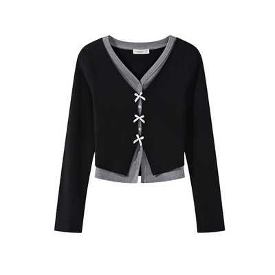 秋冬百搭假两件撞色拼接针织衫