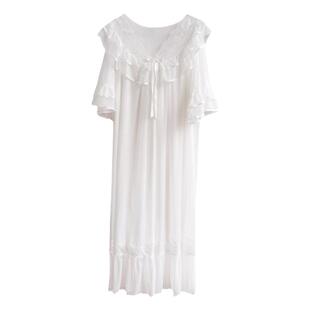 带胸垫睡衣女春夏睡裙宫廷风蕾丝短袖薄款夏天公主仙女莫代尔大码