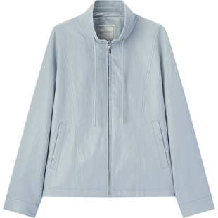 爱居兔甜酷立领PU皮衣外套女2026年春季新款抽绳肌理感浅蓝皮夹克