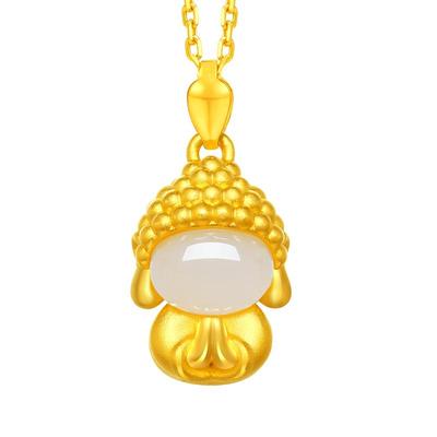 赛菲尔金镶玉吊坠足金天然黄金佛